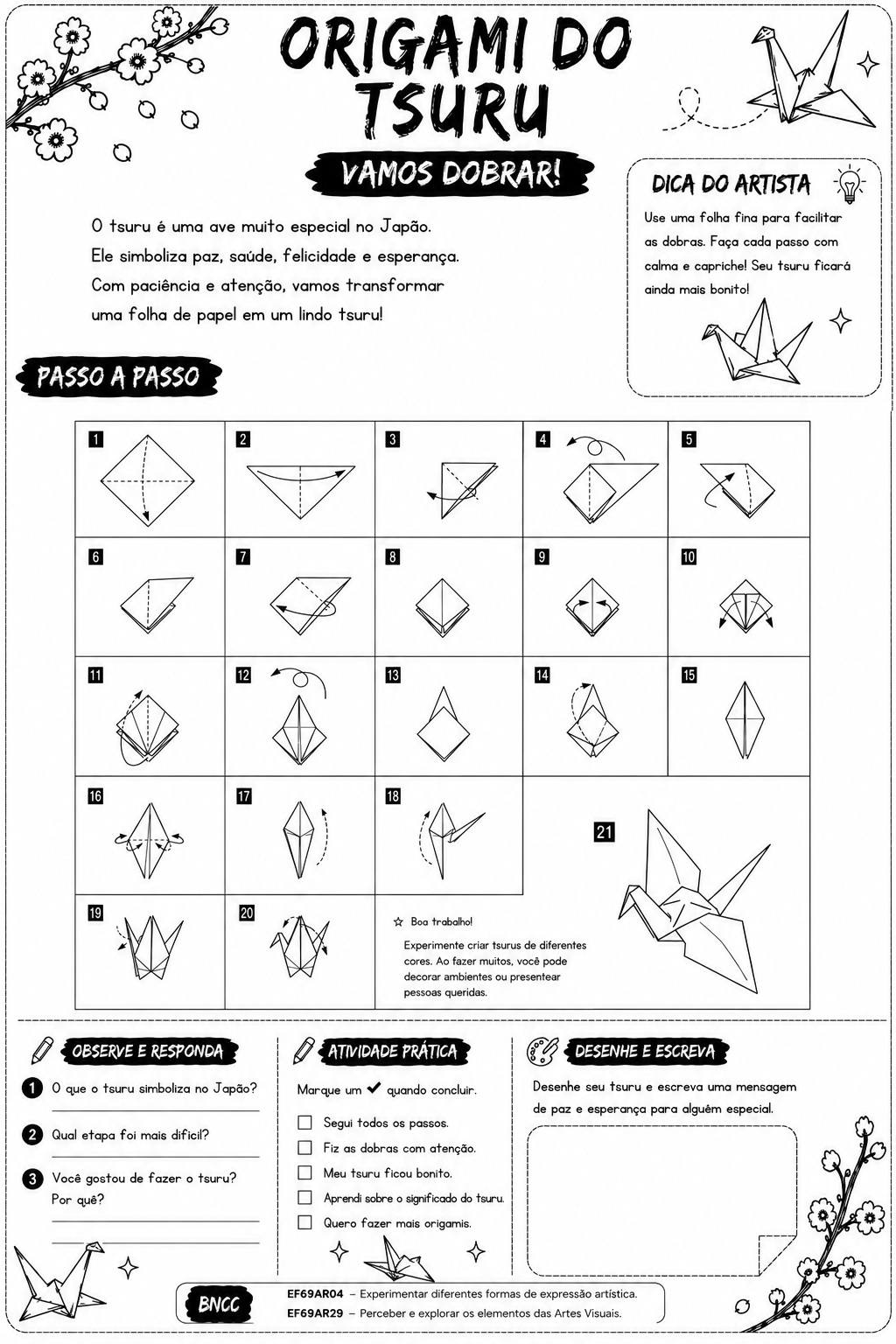 Página interna da apostila: Origami do Tsuru — passo a passo